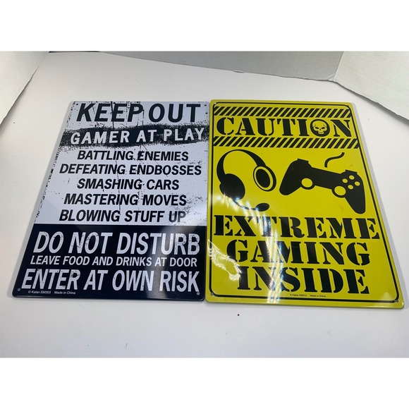 2x Kalan Gamer At Play Caution Extreme Gaming Inside Metal Sign Set Decor VG - Picture 1 of 6